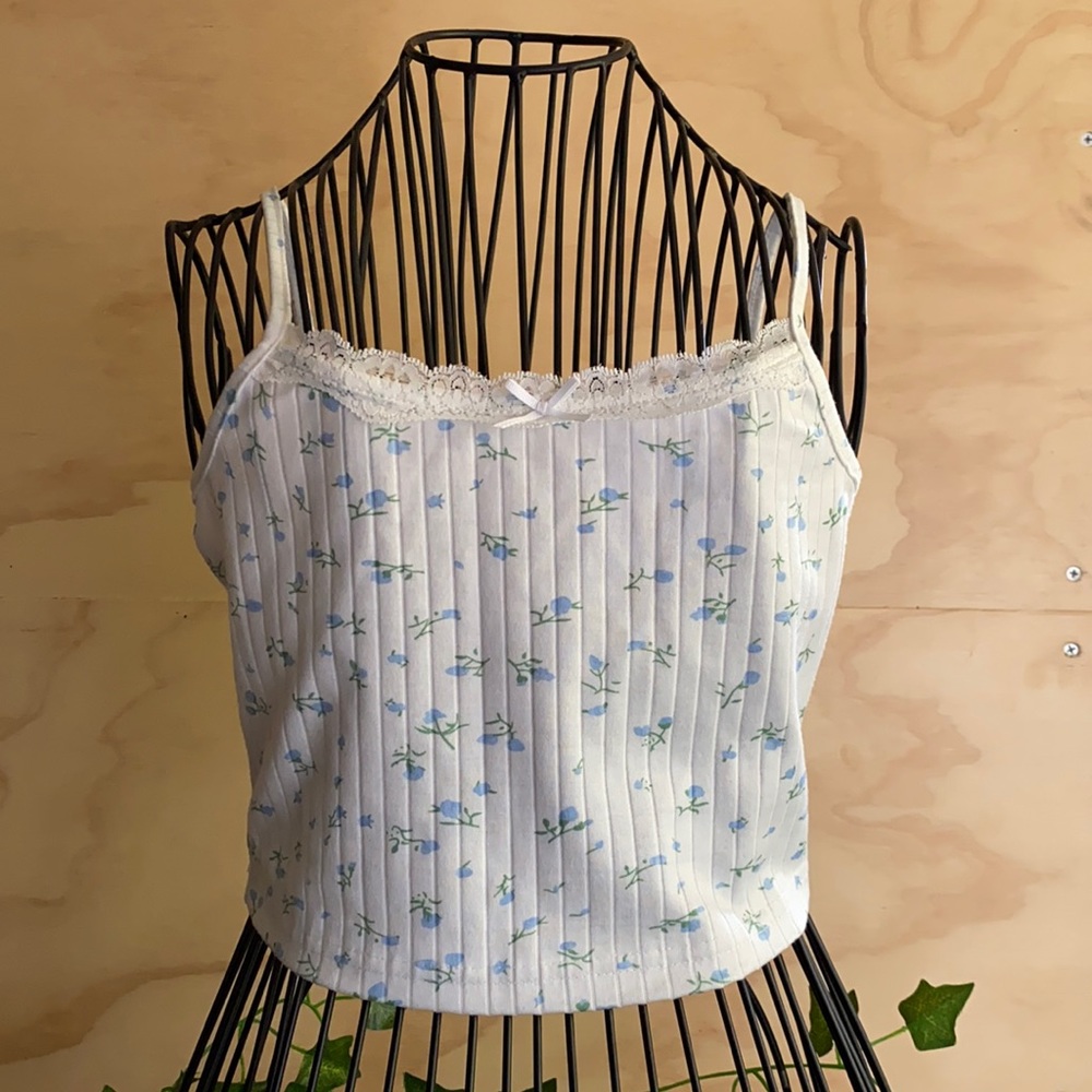 White Tank top with Blue Floral Pattern, Small, No Tag